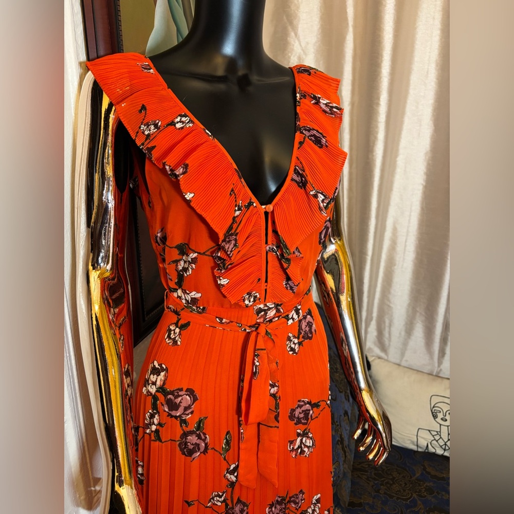 NWOT Lulus Loved By You Red Orange Floral Print Pleated Chiffon Maxi Dress - Picture 2 of 10